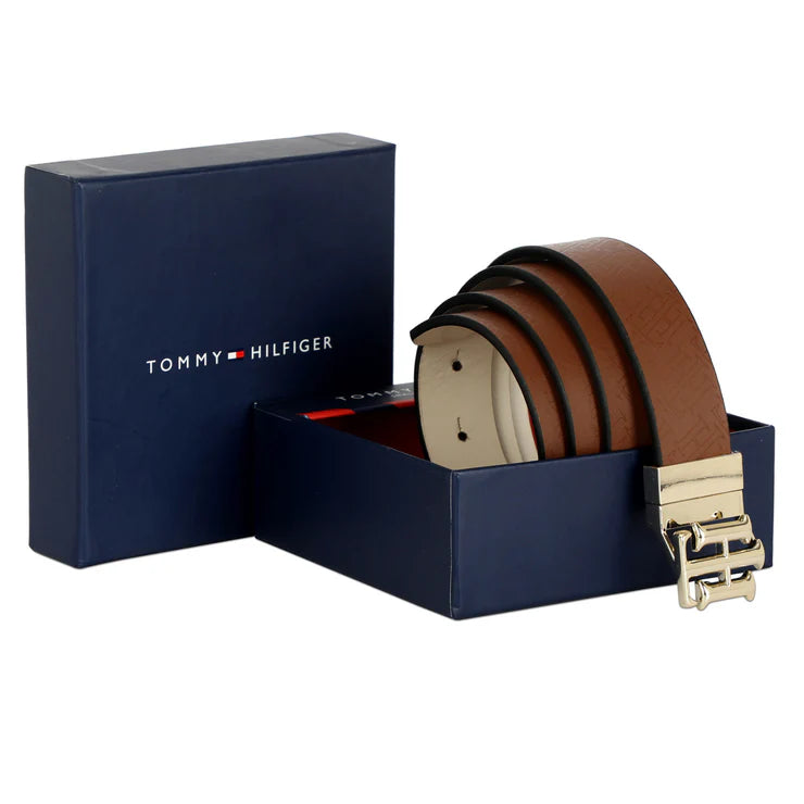 Tommy Hilfiger Gorin Women's Leather Reversible Belt Tan+Beige