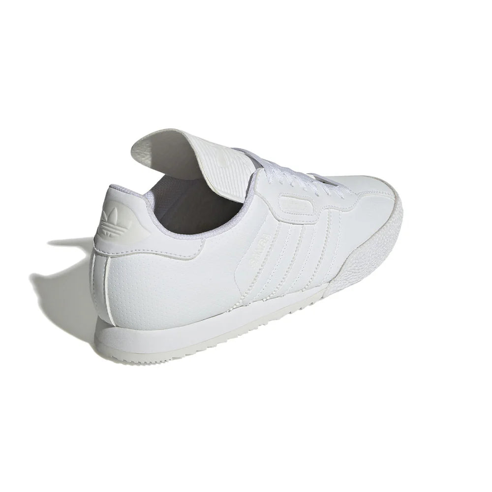 Adidas Samba Super White FZ3848 rear view showing Trefoil logo on heel tab and ribbed pull tab