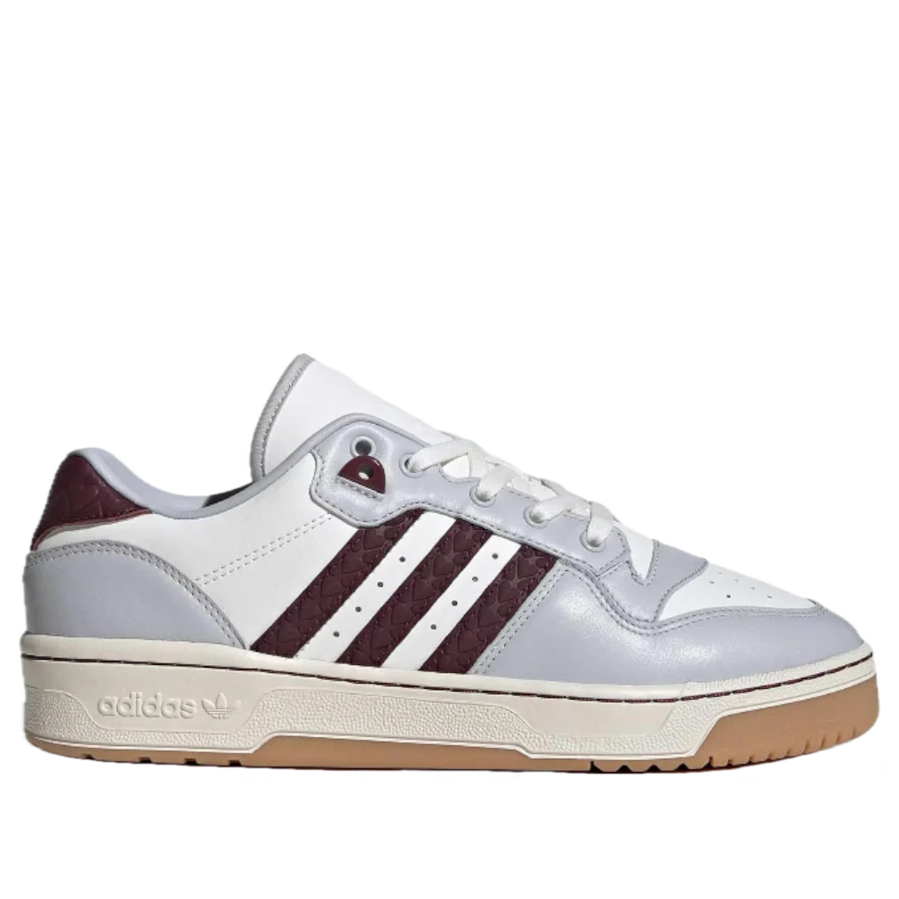 Adidas Rivalry Low Grey Burgundy JH9600 lateral side view with burgundy croc-texture 3-Stripes