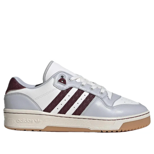 Adidas Rivalry Low Grey Burgundy JH9600 lateral side view with burgundy croc-texture 3-Stripes