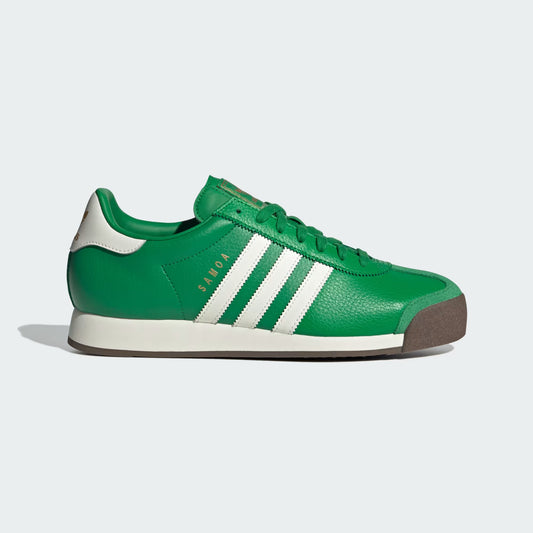 Adidas Samoa Shoes Green JQ0048 side profile view showing contrast 3-Stripes and rubber toe bumper