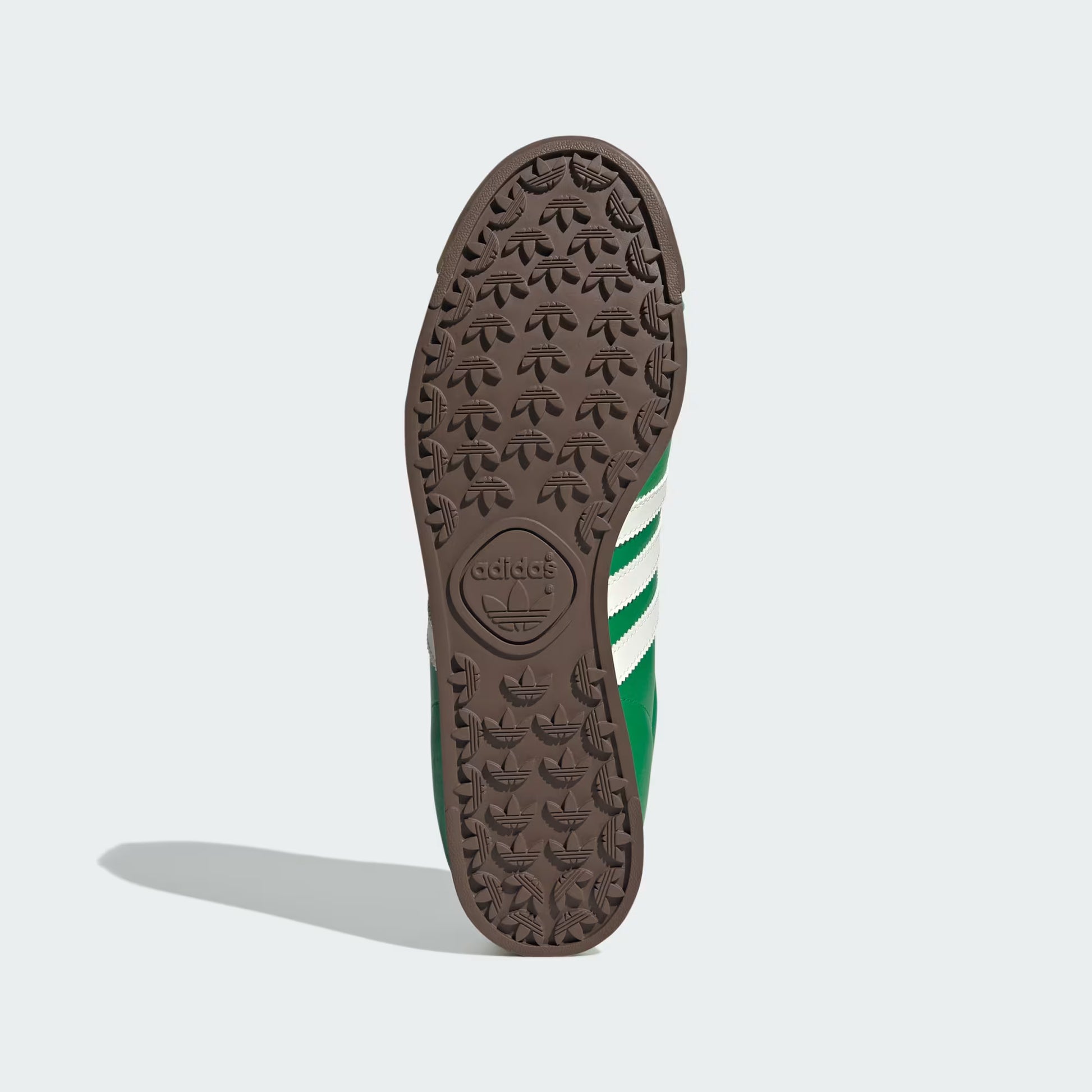 Adidas Samoa Shoes Green JQ0048 medial side view showing off-white 3-Stripes and gum rubber outsole
