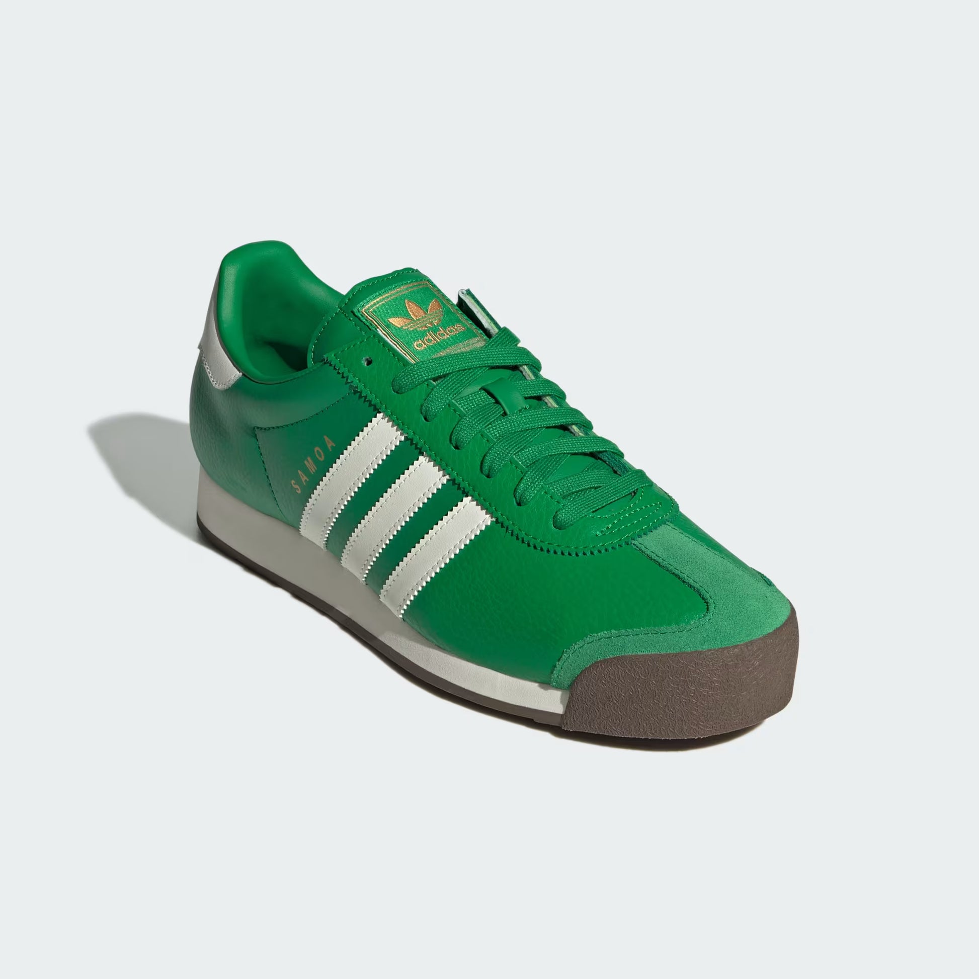 Adidas Samoa Shoes Green JQ0048 three-quarter rear view showing EVA midsole and gum outsole detail