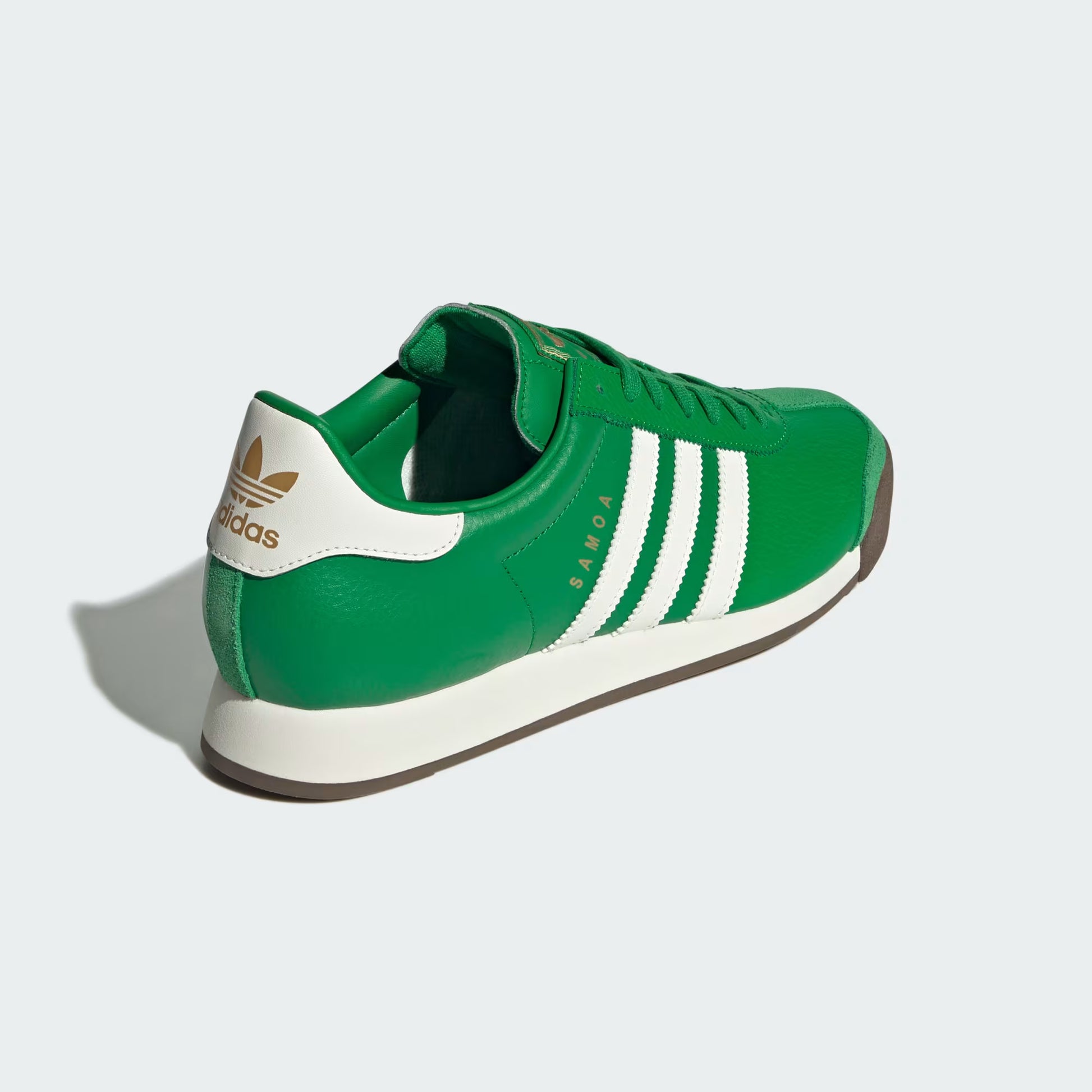 Adidas Samoa Shoes Green JQ0048 heel view showing gum outsole and padded collar