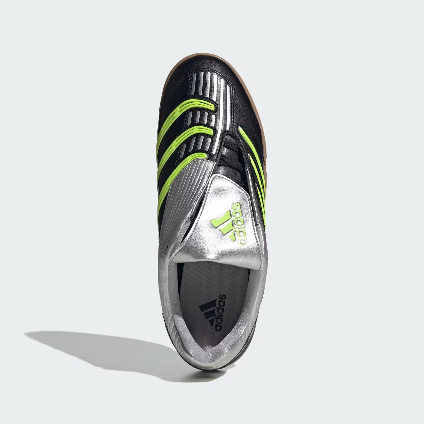 Top view of adidas Predator Sala Shoes in black showing lace closure and Predator detailing