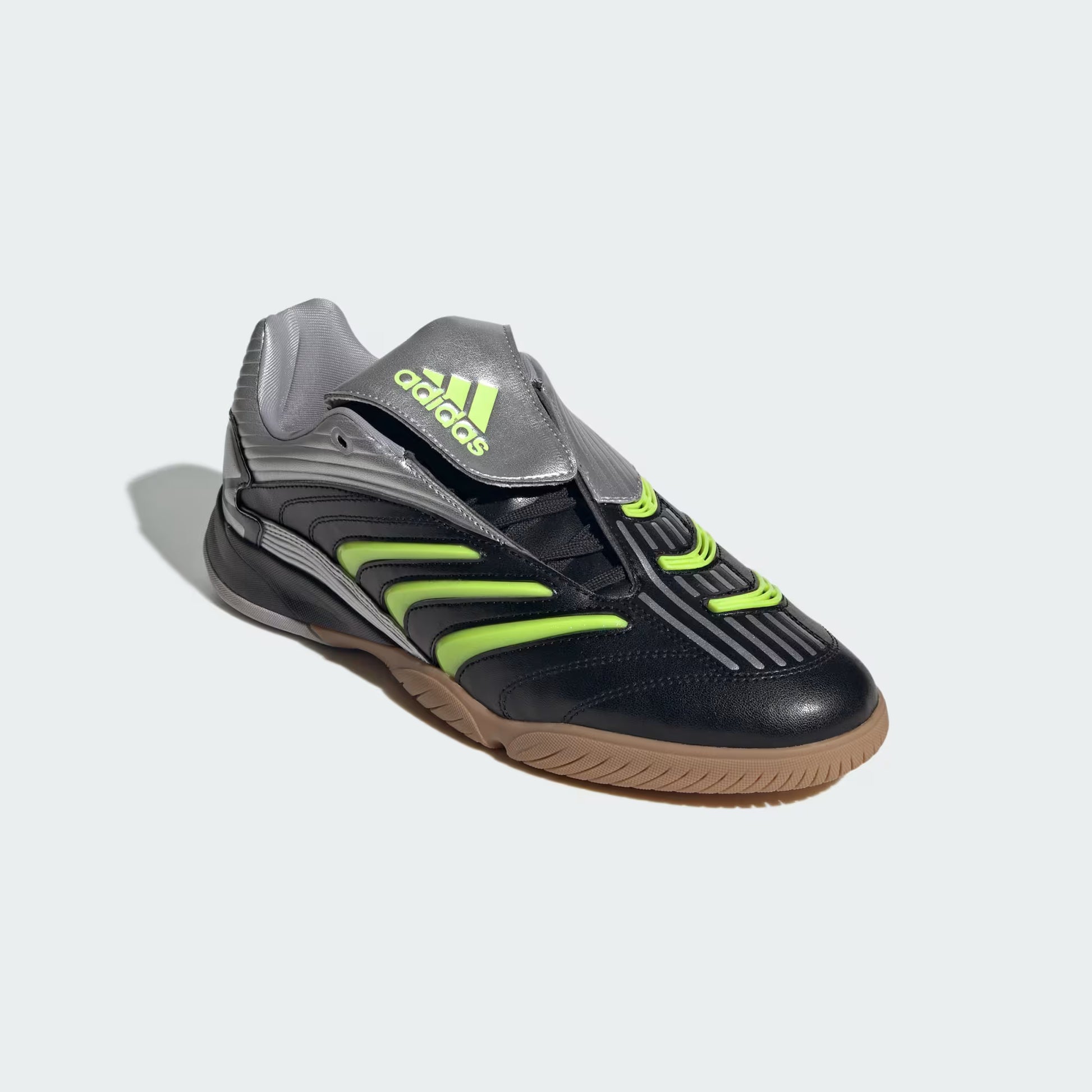Front three-quarter view of adidas Predator Sala Shoes in black with textured forefoot design