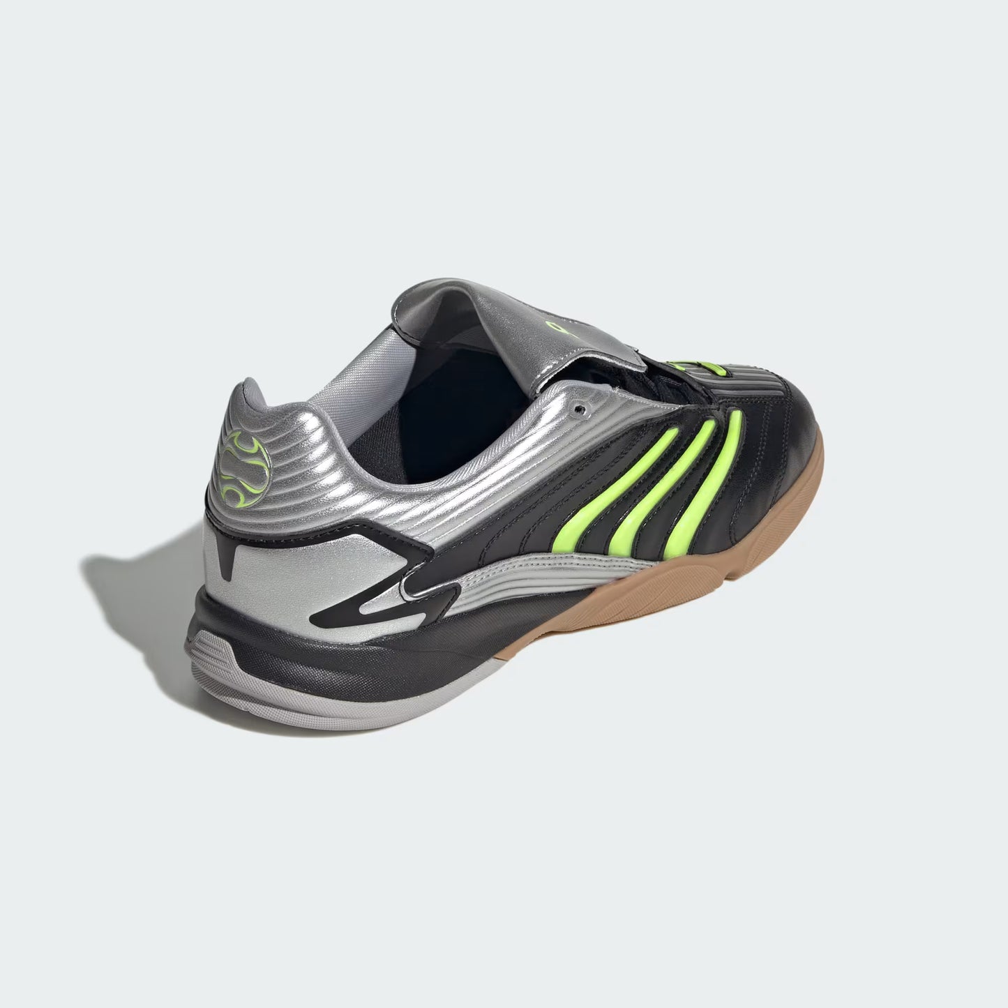 Rear three-quarter view of adidas Predator Sala Shoes in black highlighting heel structure and indoor outsole