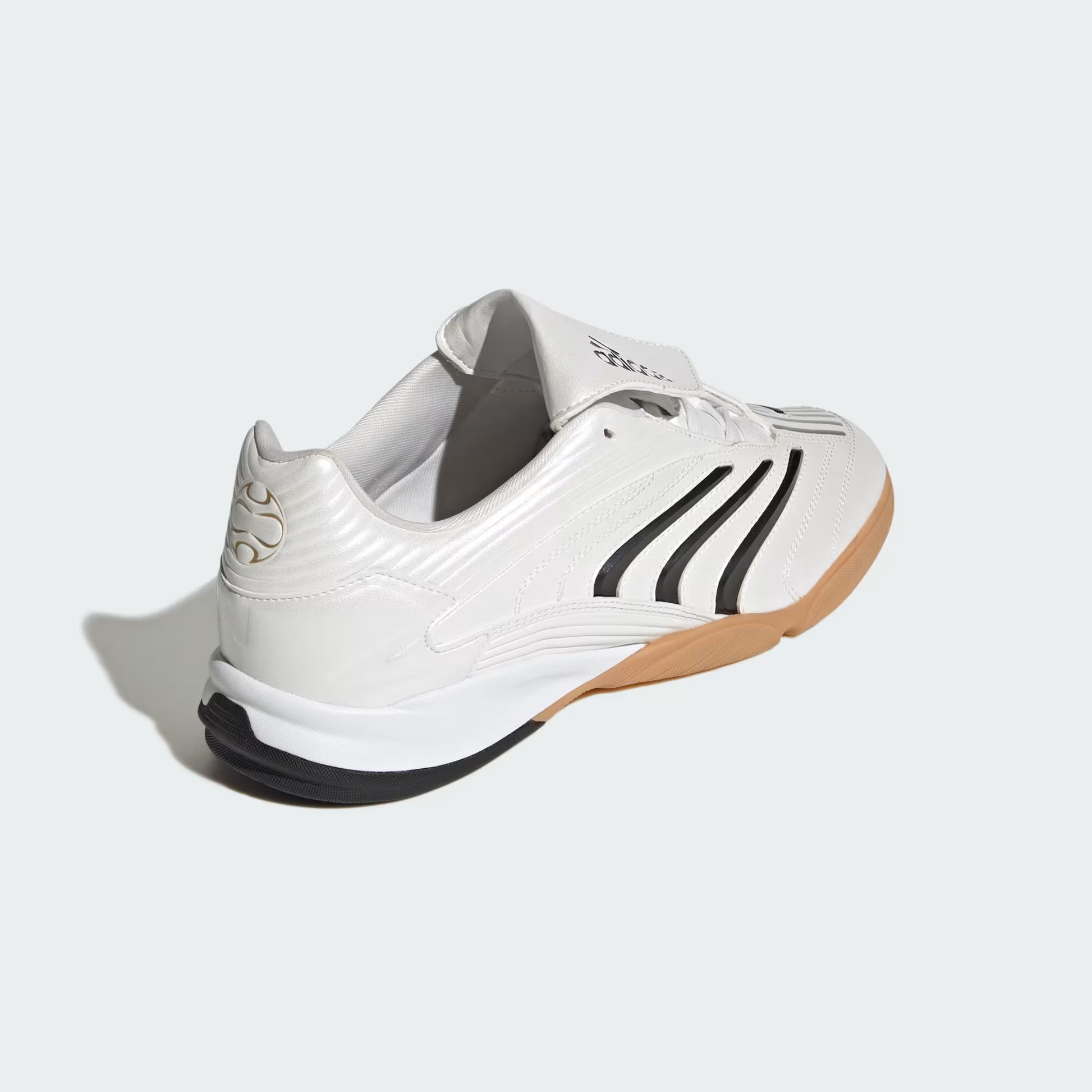 Adidas Predator Sala Shoes White JQ3915 three-quarter rear view showing external heel counter and rubber outsole