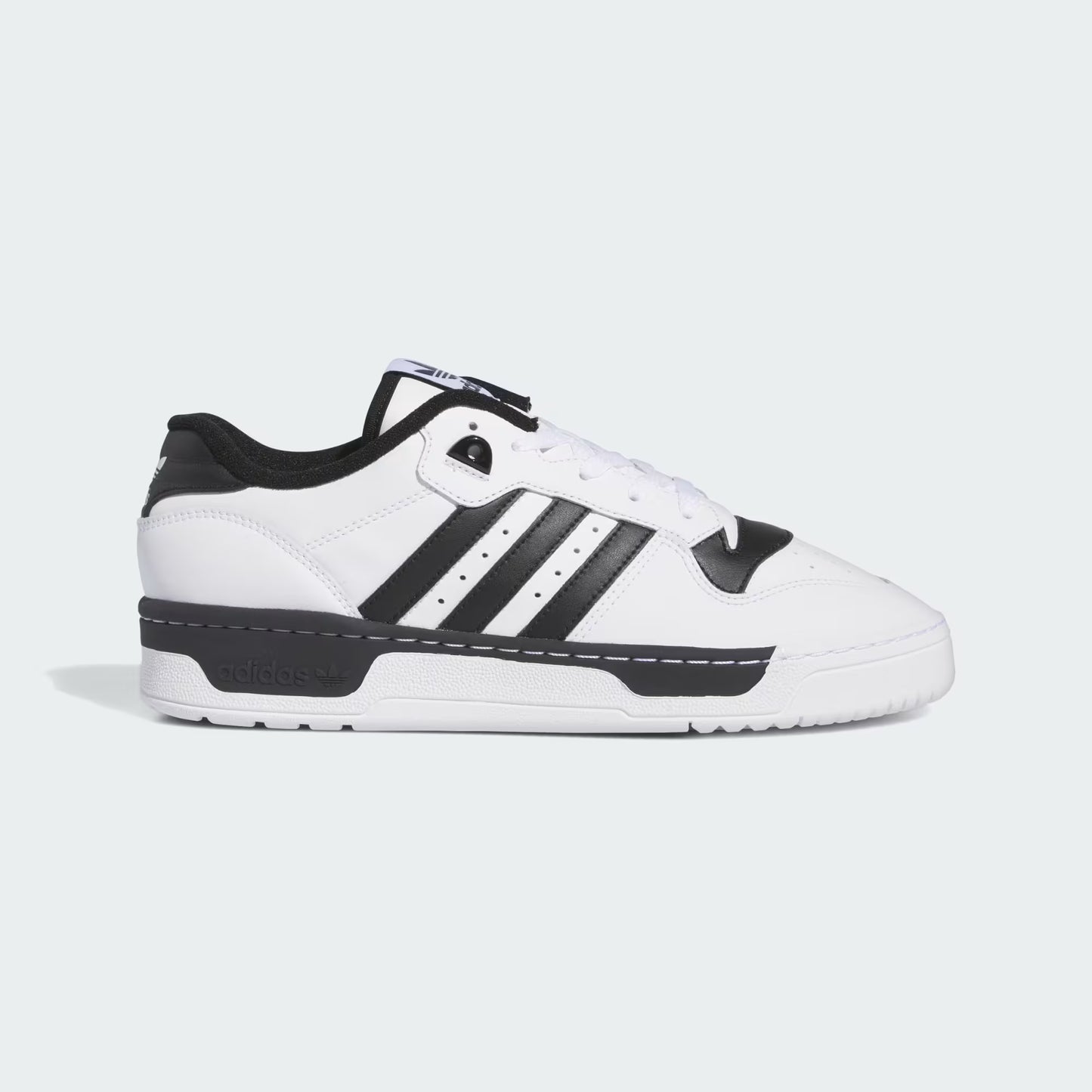 Adidas Rivalry Low Shoes White Core Black IG1474 side profile view showing black 3-Stripes on white leather upper