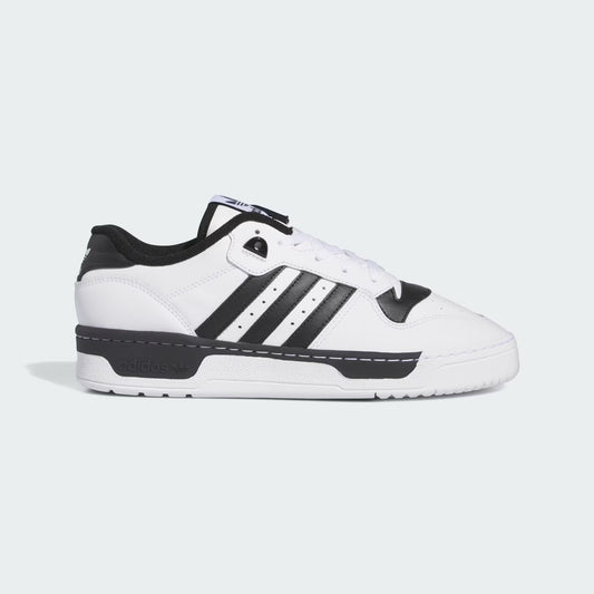 Adidas Rivalry Low Shoes White Core Black IG1474 side profile view showing black 3-Stripes on white leather upper