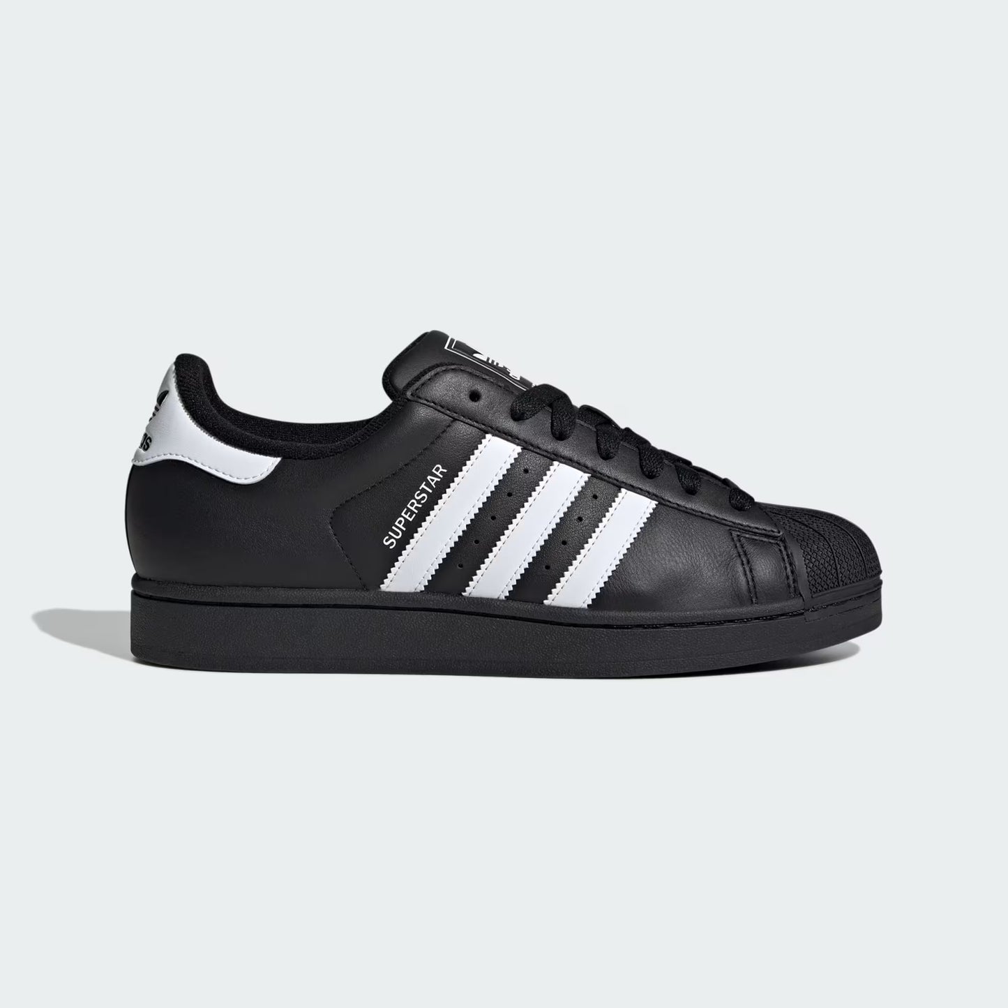 adidas Superstar II Shoes in core black side profile with white 3-Stripes and iconic rubber shell toe