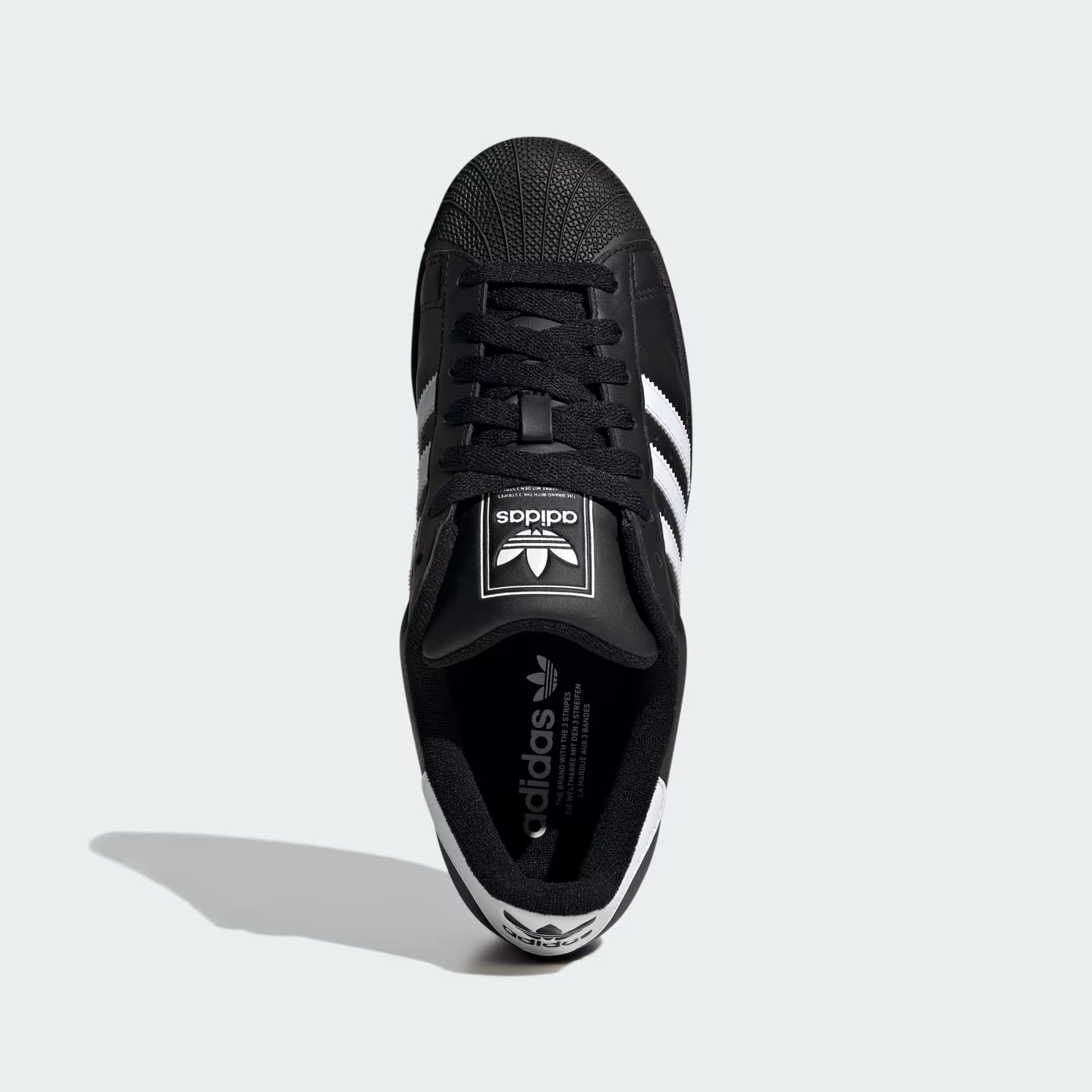 Top view of adidas Superstar II Shoes in core black featuring lace closure, padded tongue, and classic shell toe