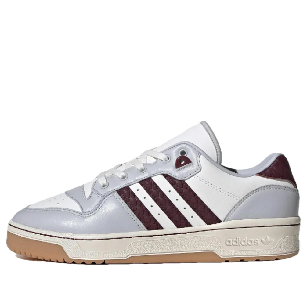 Adidas Rivalry Low Grey Burgundy JH9600 side profile view showing 3-Stripes and gum sole